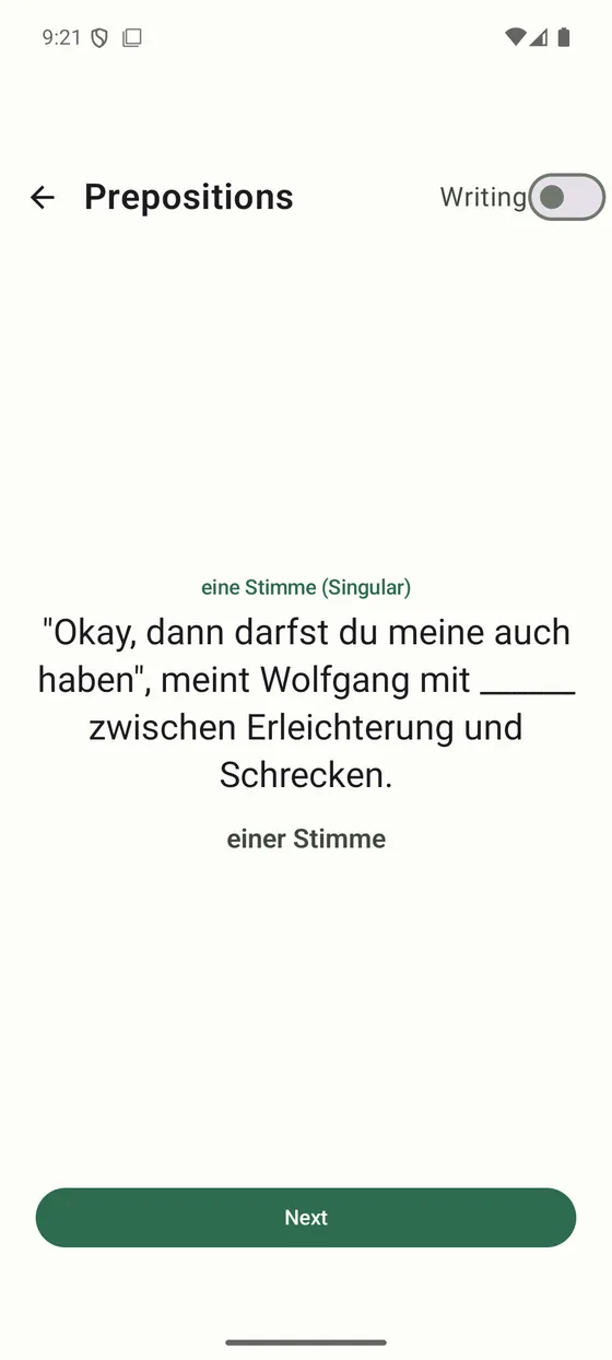 A Preposition Practice exercise asking for the correct case of 'eine Stimme' after 'mit', with the answer 'einer Stimme' revealed.