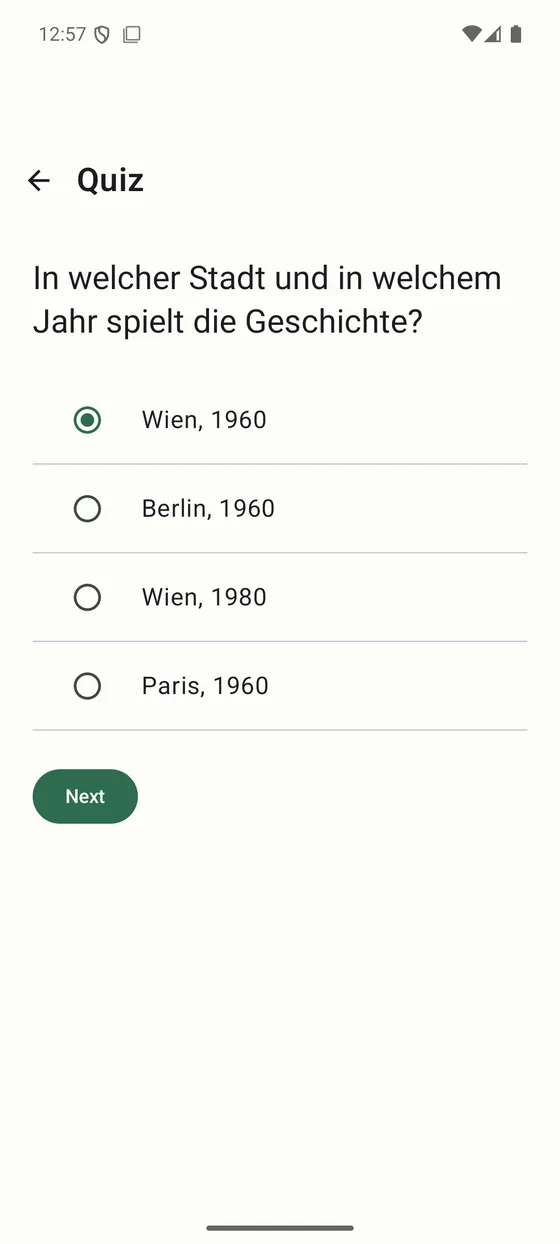 A multiple-choice quiz question asking which city and year a story takes place in.