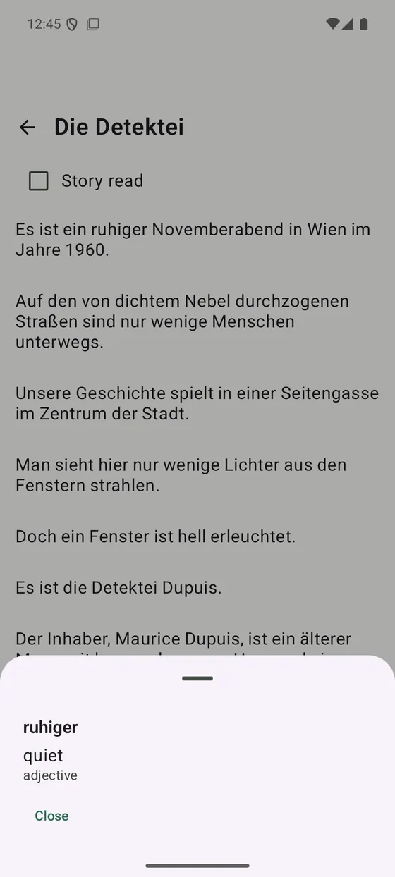Tapping the word 'ruhiger' in a German story shows its translation, 'quiet', instantly.