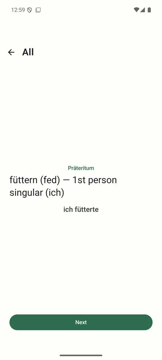 A Tenses grammar exercise asking for the Präteritum form of füttern, first person singular.